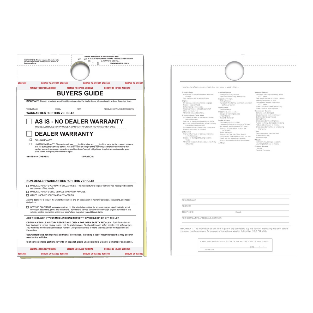 Buyers Guide As Is 2-part hanging tag form with hang hole, front and back