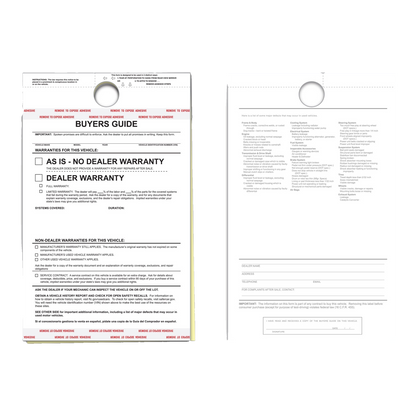 Buyers Guide As Is 2-part hanging tag form with hang hole, front and back