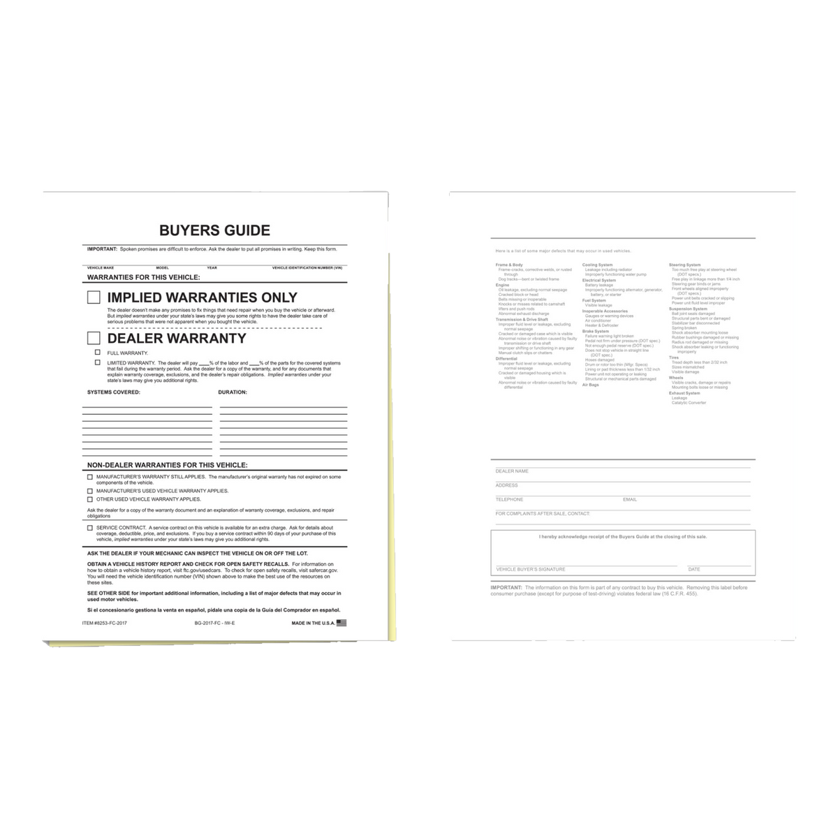 Buyers Guide Implied Warranties Only 2-part form, front and back pages