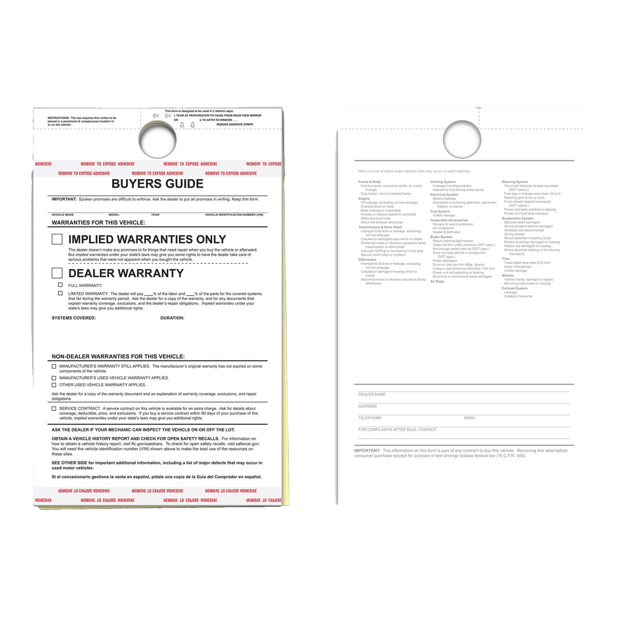 Buyers Guide Implied Warranties Only 2-part hanging tag with hang hole, front and back