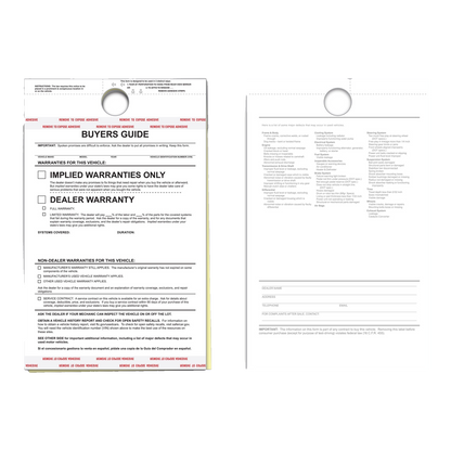 Buyers Guide Implied Warranties Only 2-part hanging tag with hang hole, front and back