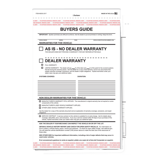Buyers Guide 2-part As Is - No Dealer Warranty window form with lines and adhesive liner strips, front and file copy
