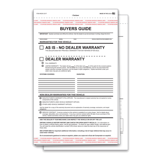 Buyers Guide 2-part As Is - No Dealer Warranty window form with lines and adhesive liner strips, front and file copy, on white