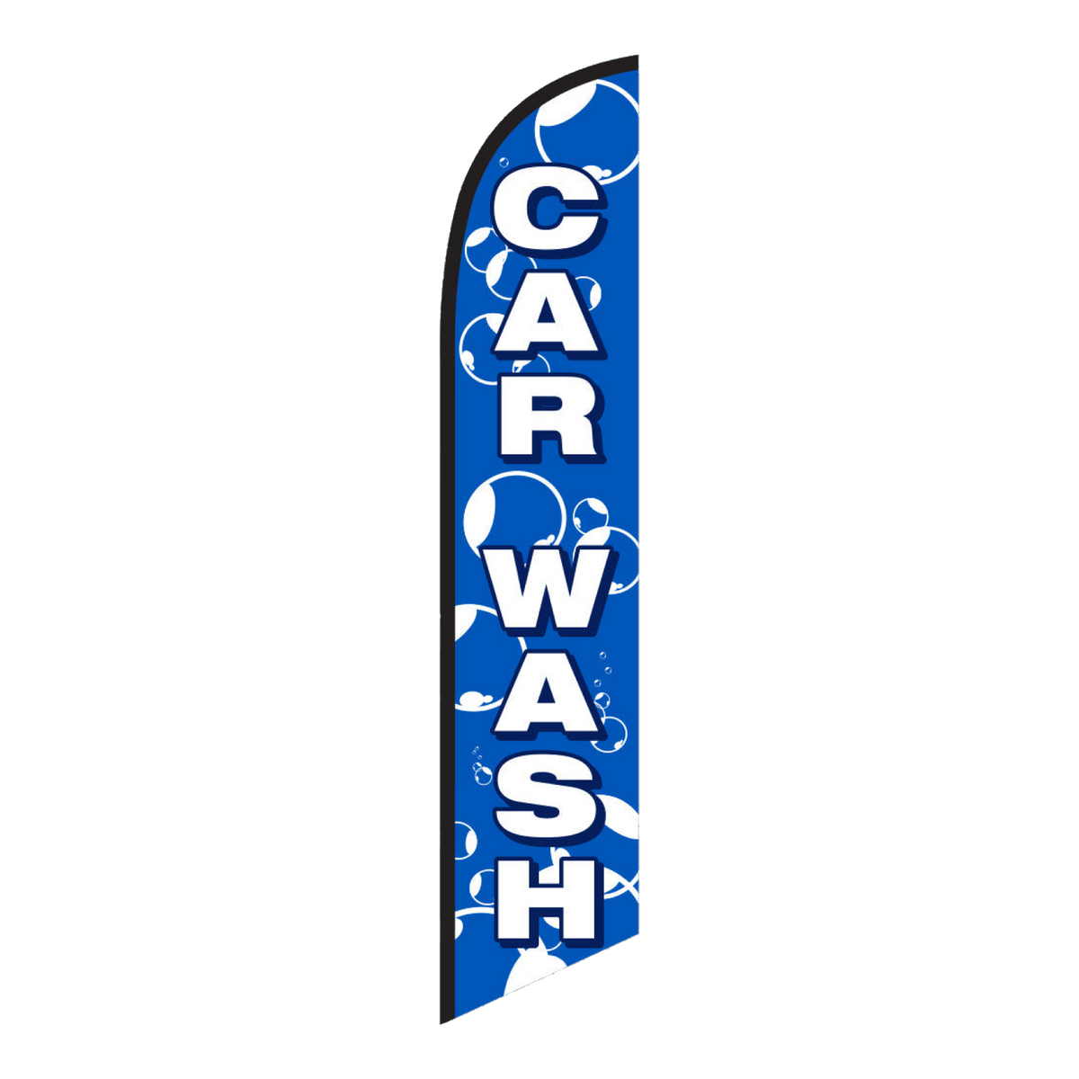 Car Wash swooper feather flag, white lettering on blue with bubbles