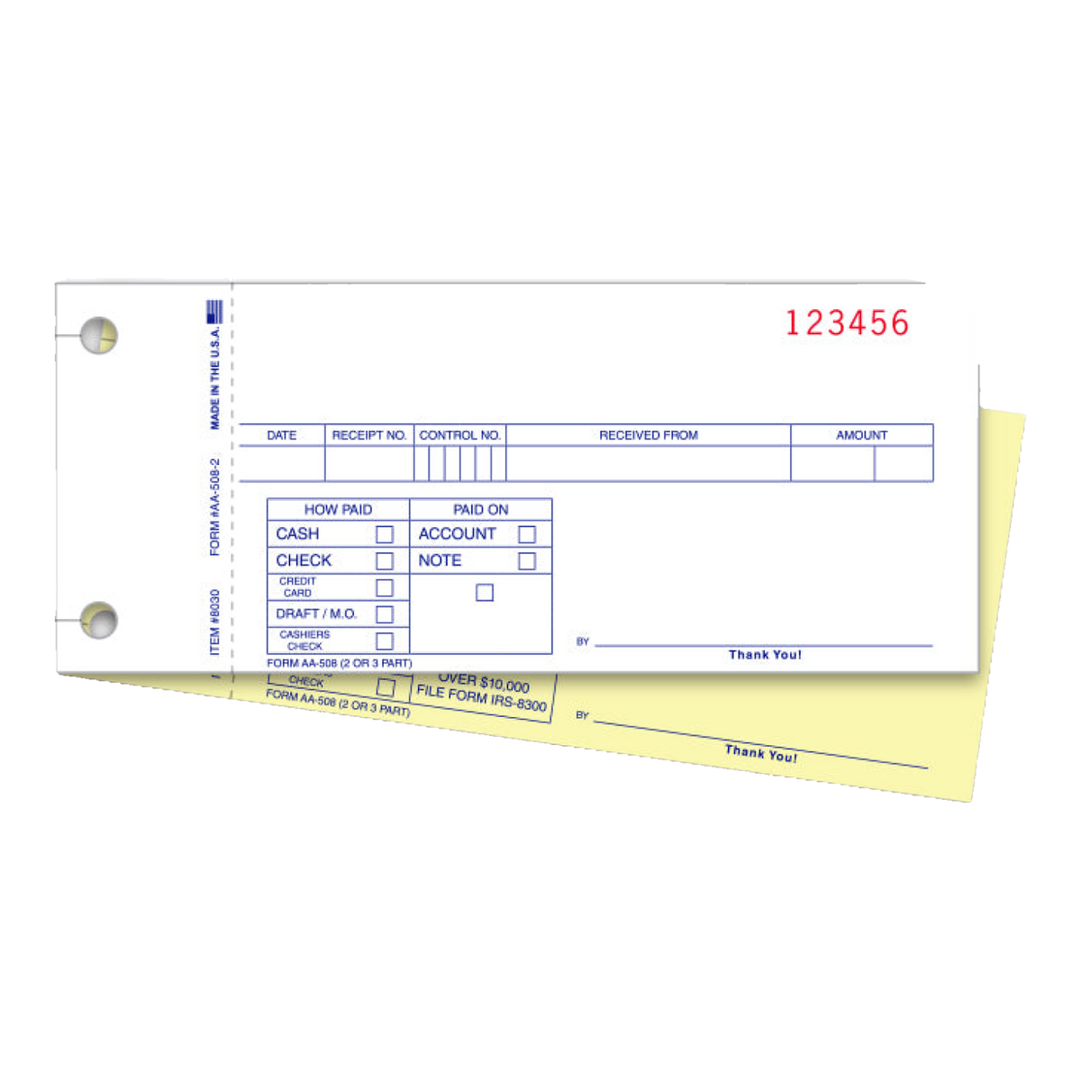 Numbered 2-part cash receipt, white and canary copies