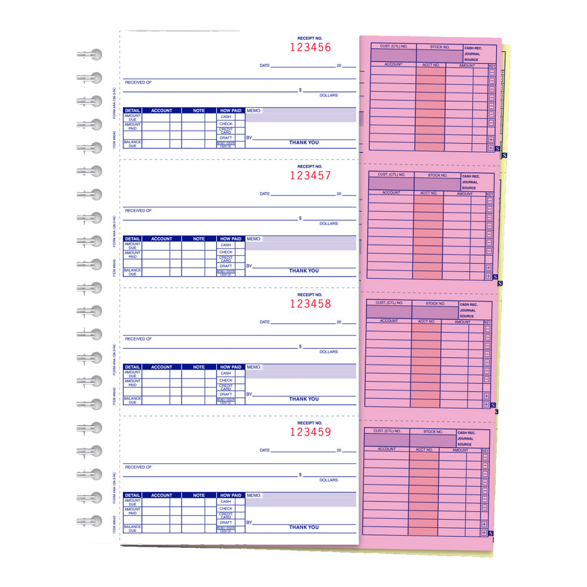 Spiral cash receipt book with numbered 3-part receipts and pink copies