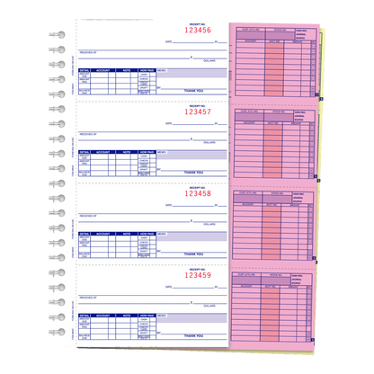 Spiral cash receipt book with numbered 3-part receipts and pink copies