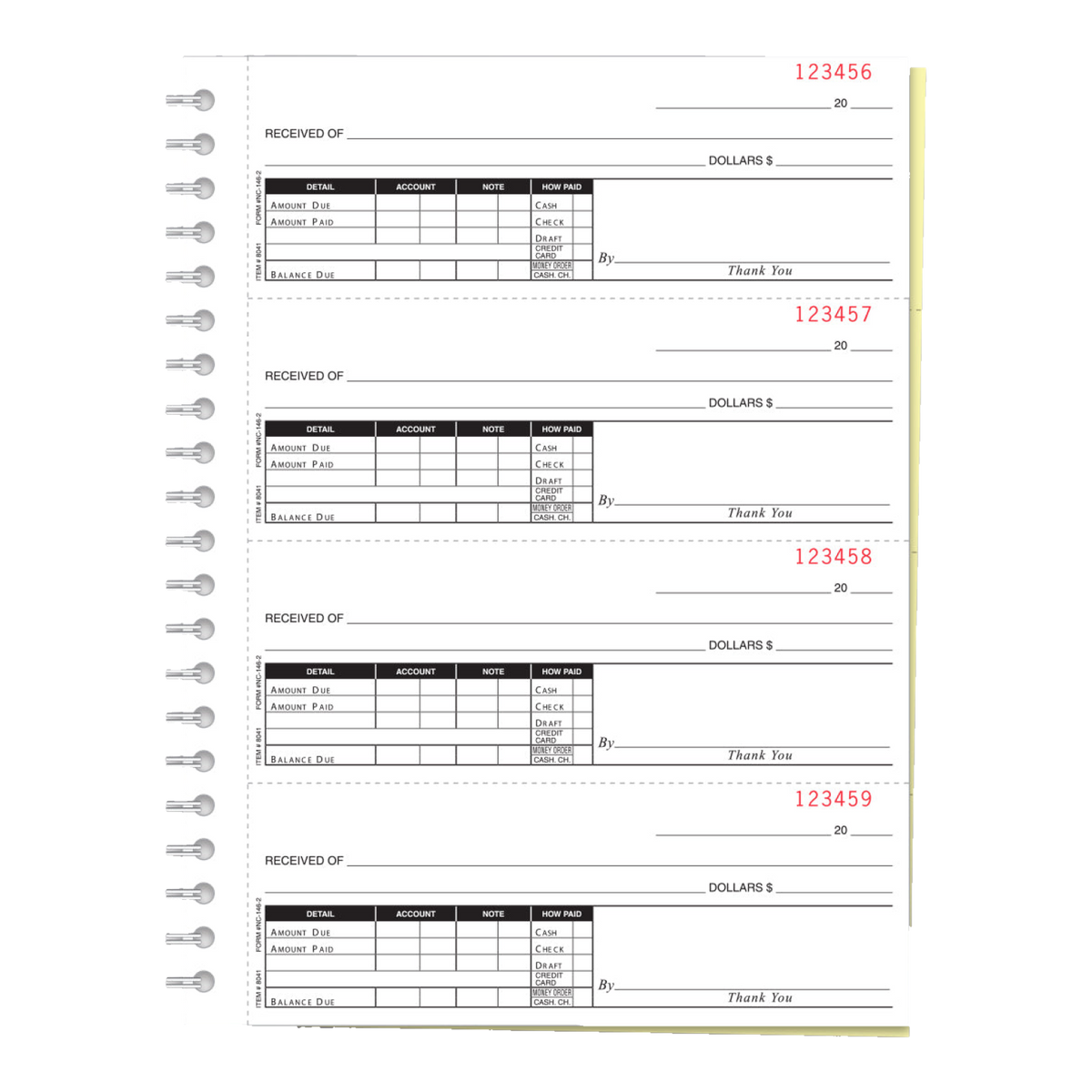 Cash receipt book with four numbered 2-part receipts per page