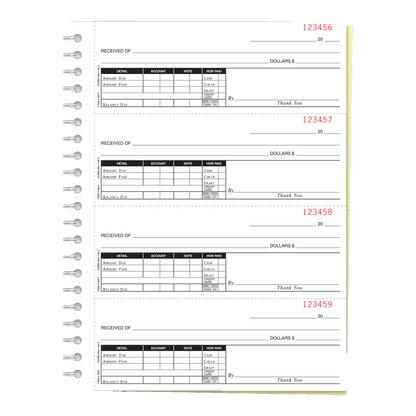 Cash receipt book with four numbered 2-part receipts per page