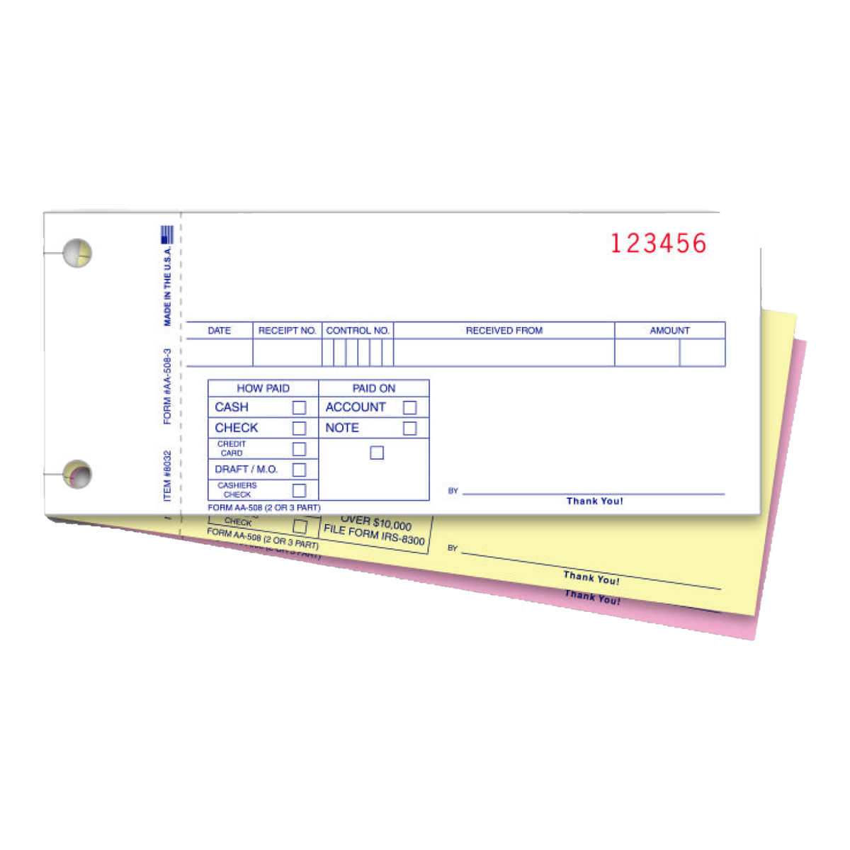 Numbered 3-part cash receipt, white, canary and pink copies