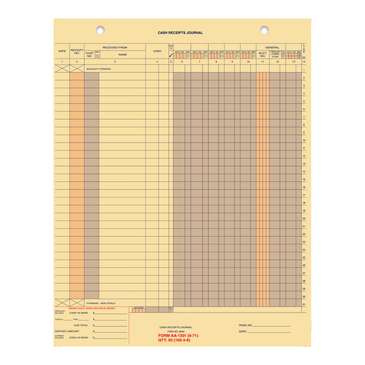 Buff cash receipt journal ledger sheet