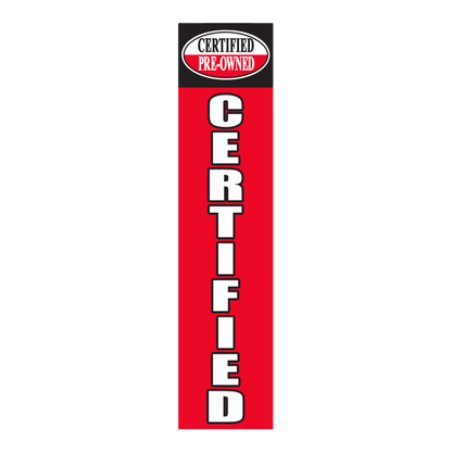 Red flat top swooper flag with white CERTIFIED lettering and a Certified Pre-Owned logo