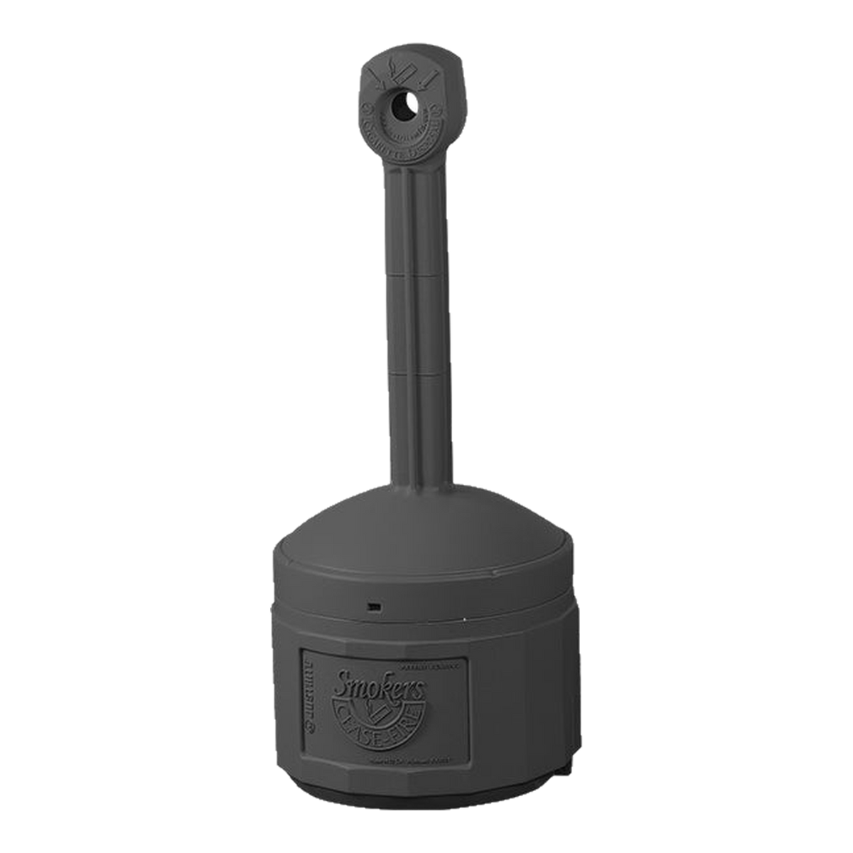 Black outdoor cigarette butt receptacle with round base and tall neck