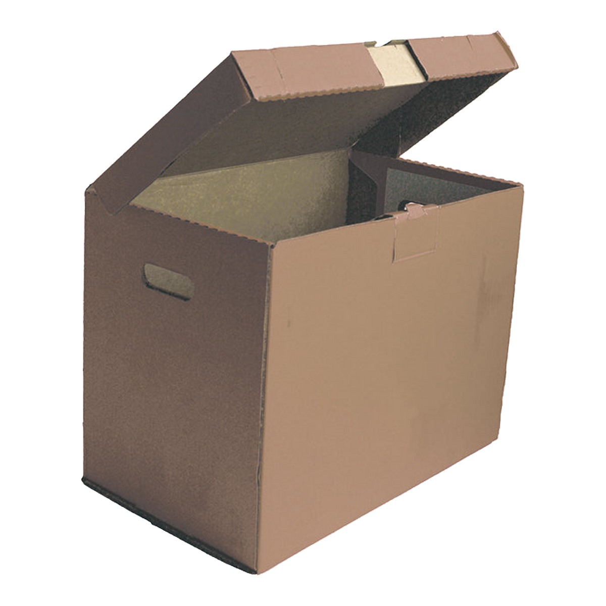 Brown corrugated file storage box with lid open