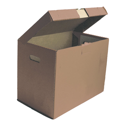 Brown corrugated file storage box with lid open