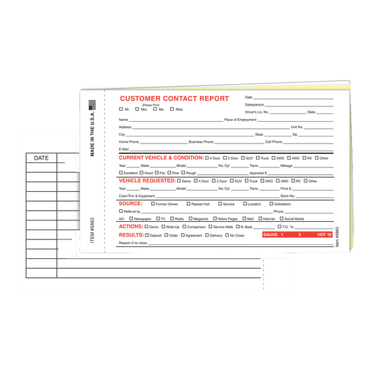 Customer Contact Report 3-part carbonless form with red and black ink, front and back shown