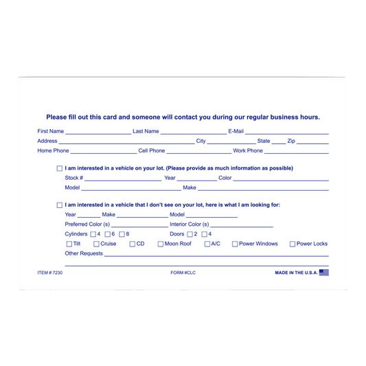 Customer lead card with contact and vehicle interest fields