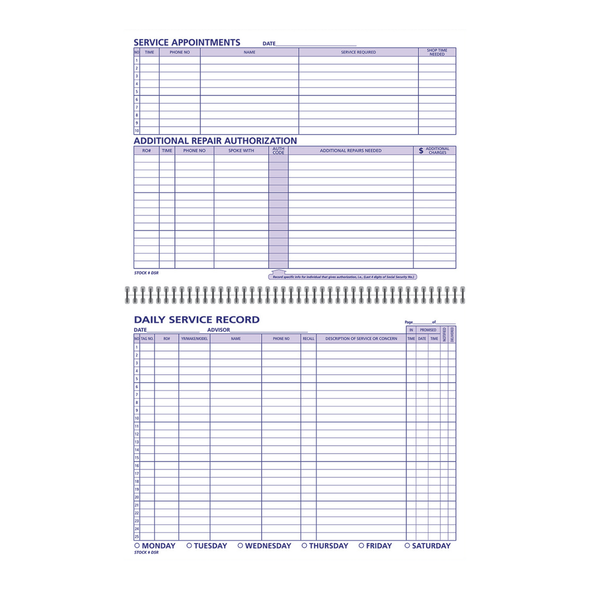 Coil-bound Daily Service Record book with service appointments page