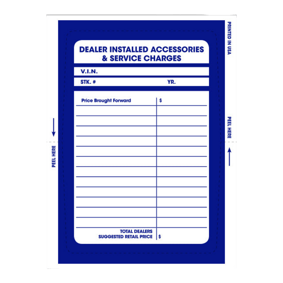 Dealer Installed Accessories & Service Charges addendum sticker with blue border