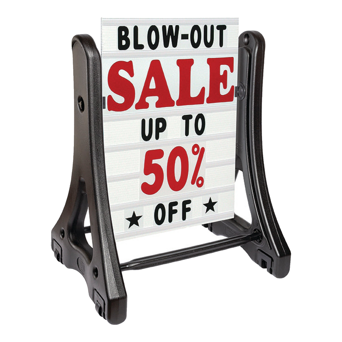 Black swinger sidewalk sign with Blow-Out Sale Up To 50% Off panel