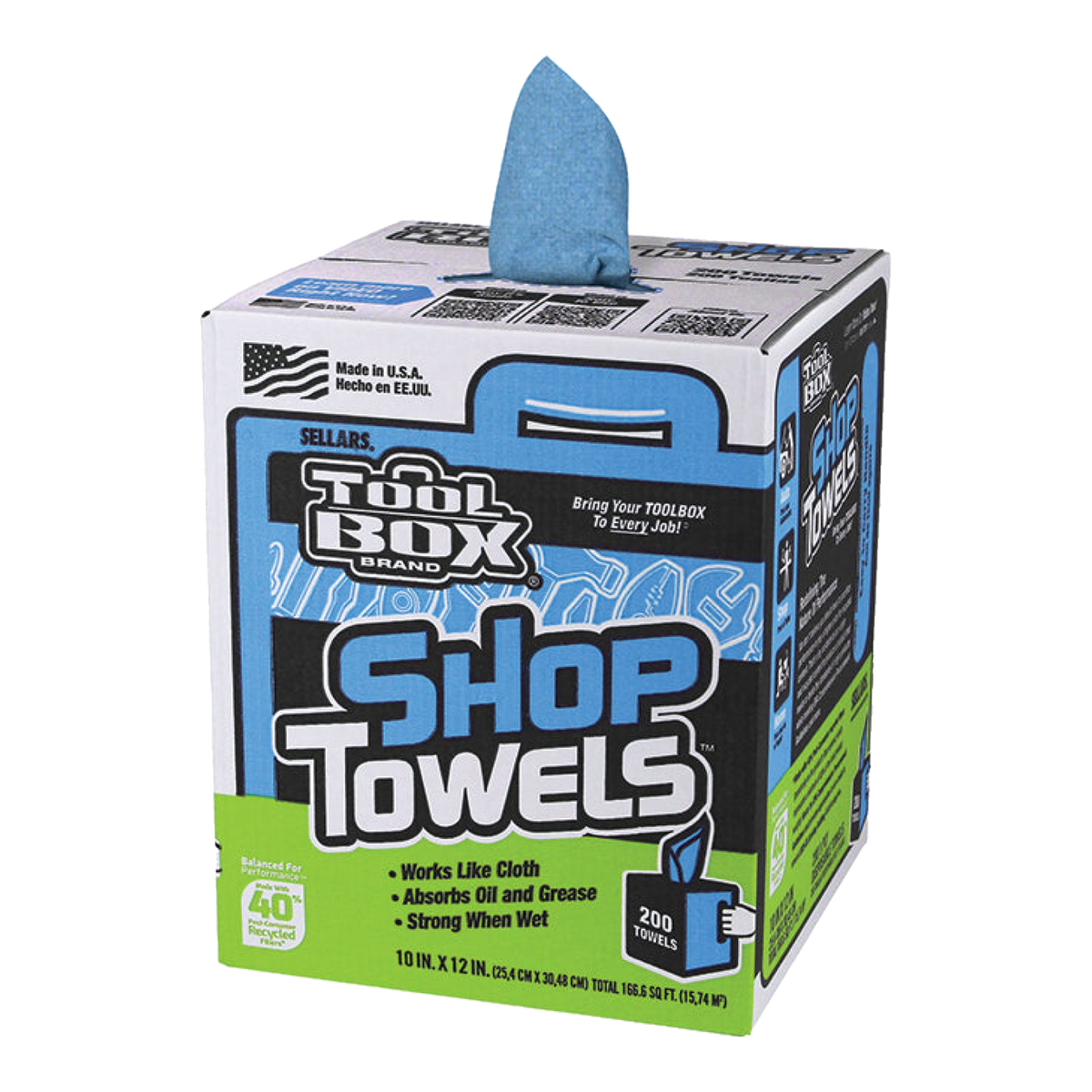 Box of ToolBox blue shop towels with a towel pulled out