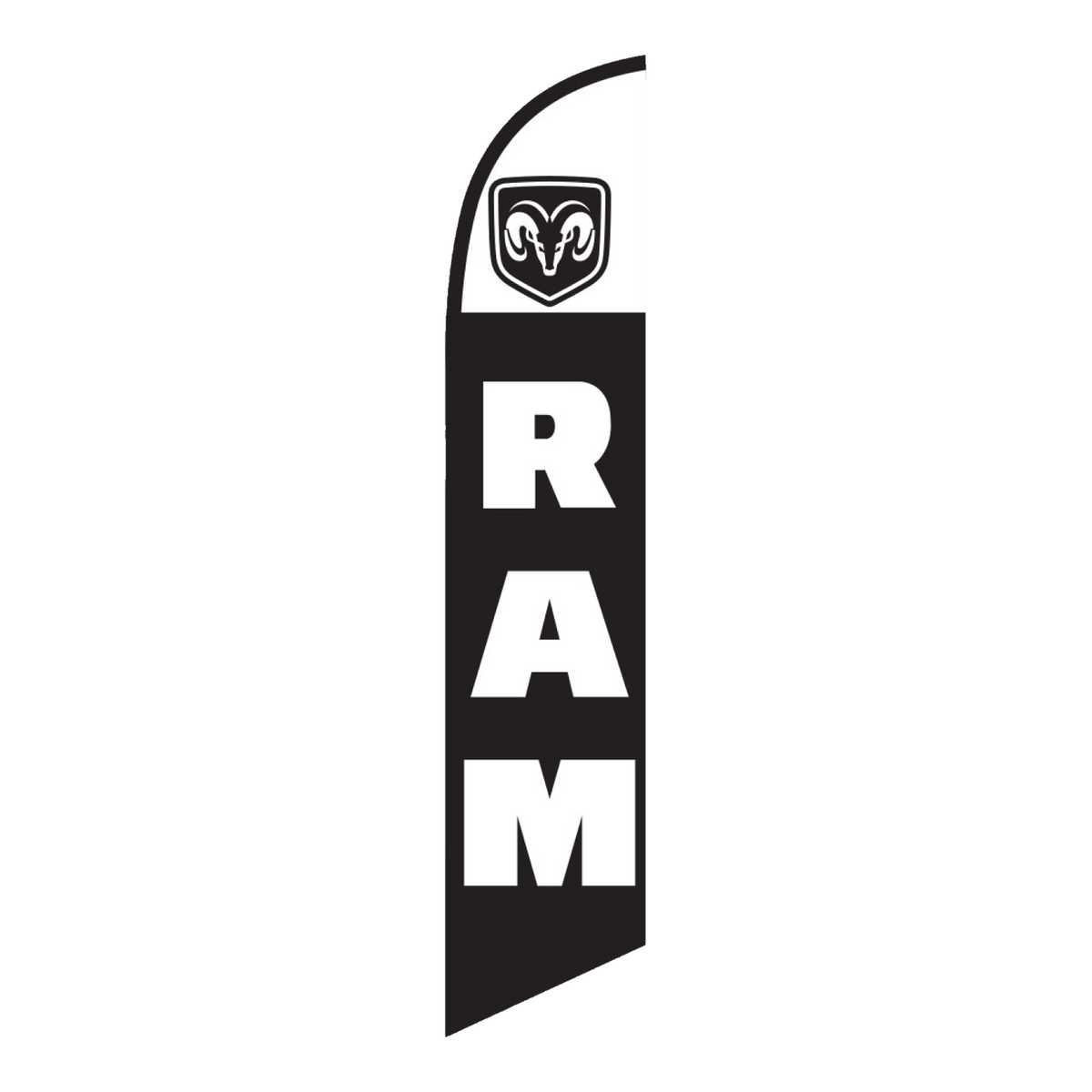 Black Ram swooper feather flag with white top and the Ram head logo
