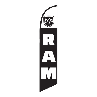 Black Ram swooper feather flag with white top and the Ram head logo