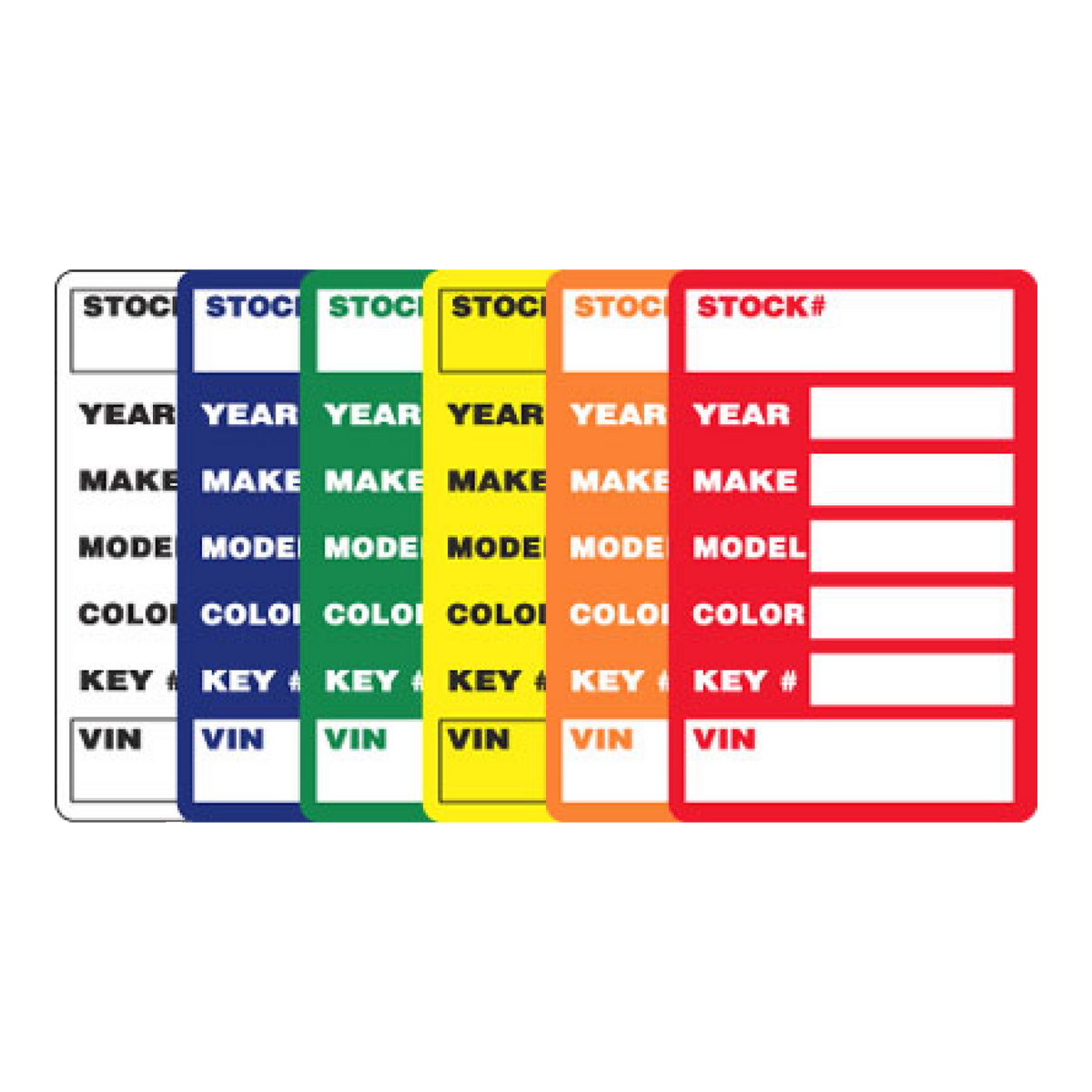 Row of color-coded E-Z Stock windshield stickers with stock, year, make, model, color, key and VIN fields