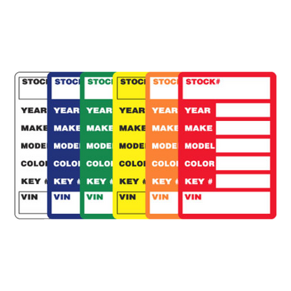 Row of color-coded E-Z Stock windshield stickers with stock, year, make, model, color, key and VIN fields