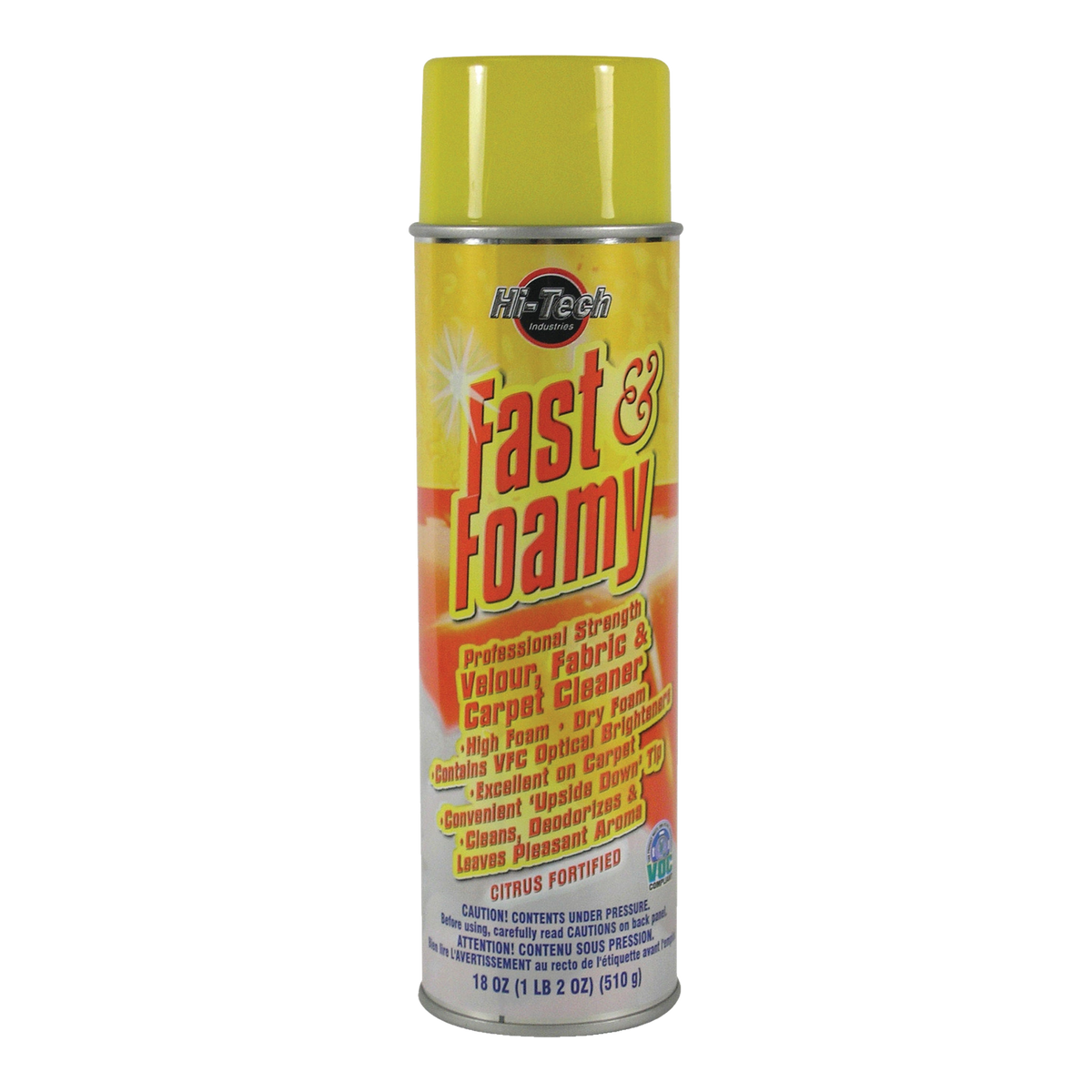 Yellow aerosol can of Fast & Foamy carpet cleaner
