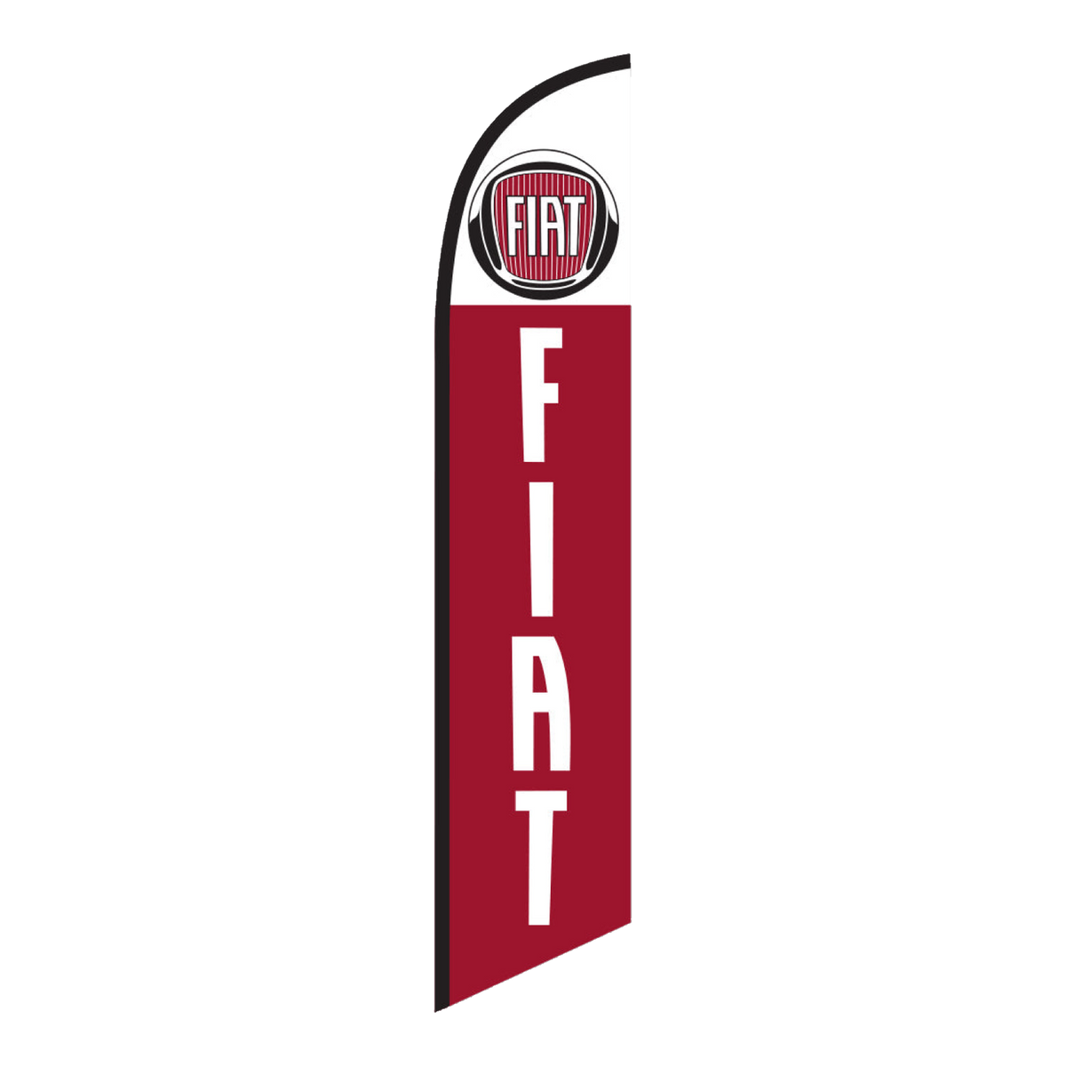 Burgundy Fiat swooper feather flag with white lettering and the Fiat logo