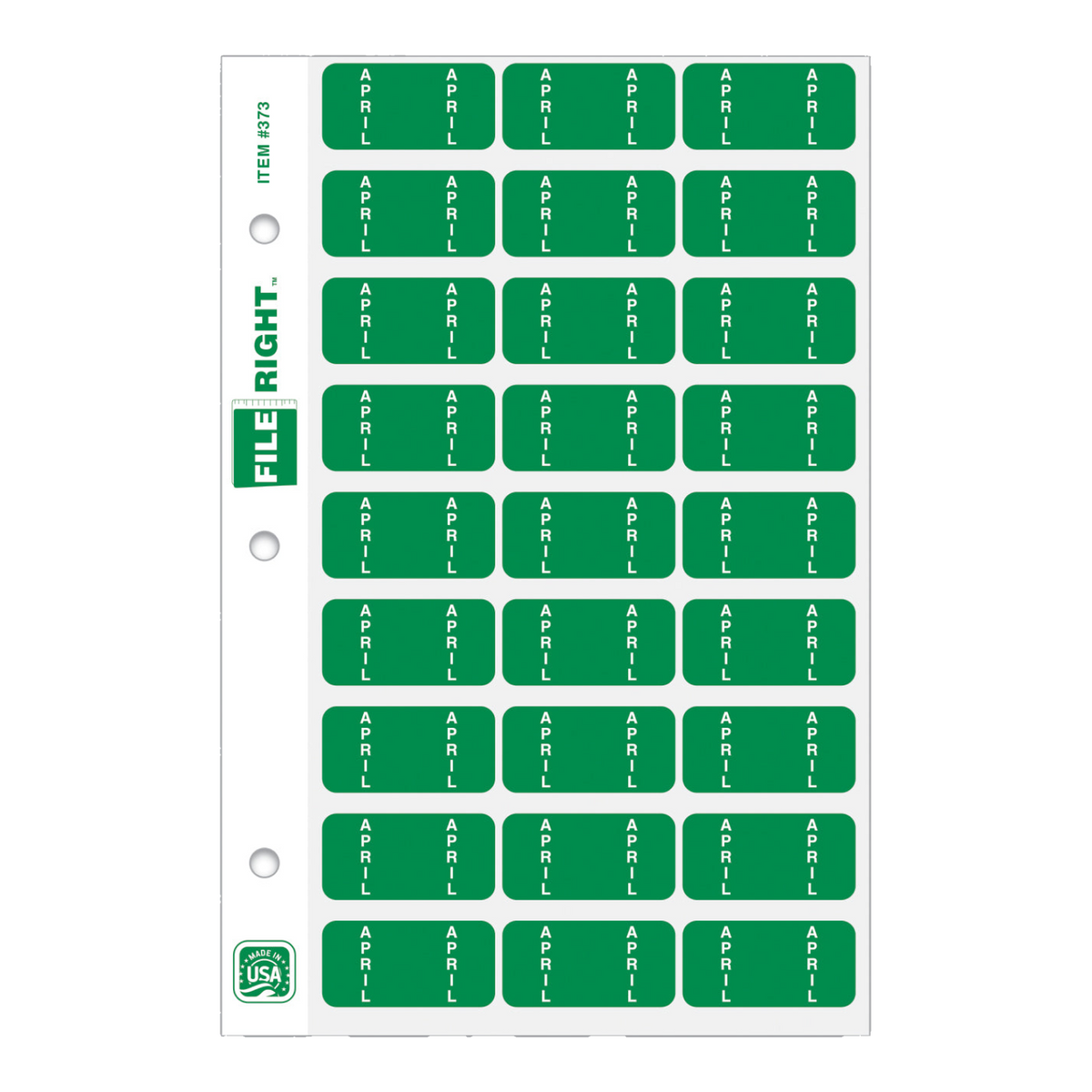 File Right month label sheet, item #373, with green APRIL labels and three binder holes