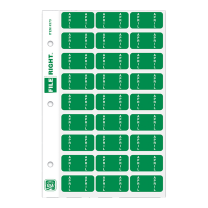 File Right month label sheet, item #373, with green APRIL labels and three binder holes