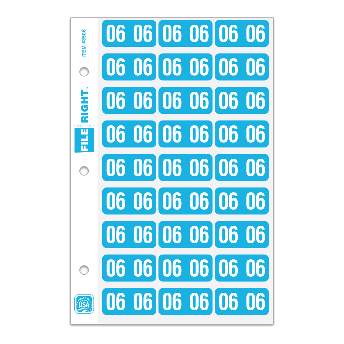 File Right 2006 year labels ringbook sheet (item 3506), white 06 on light blue