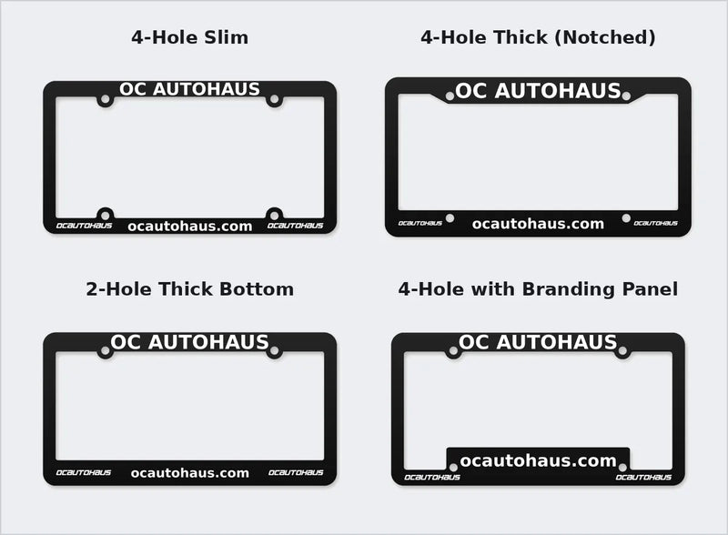 Four license plate frame styles with a sample dealer name