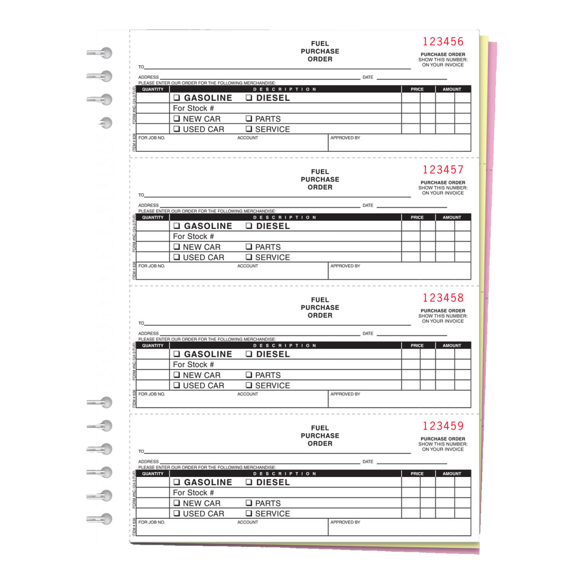 Spiral fuel purchase order book with numbered forms