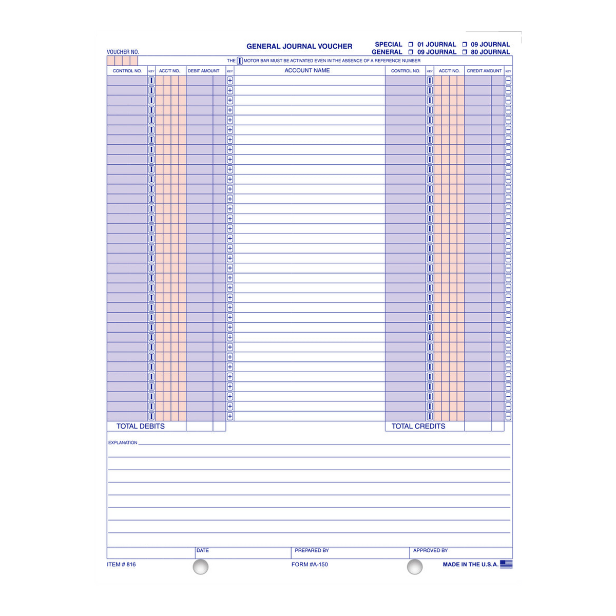 General Journal Voucher form with red and blue columns