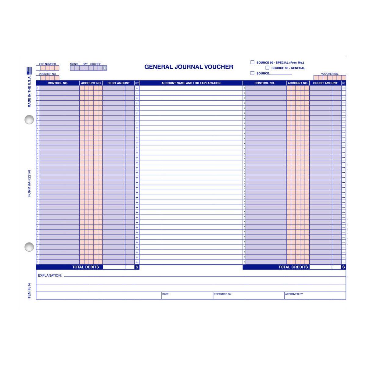 General Journal Voucher form with red and blue columns