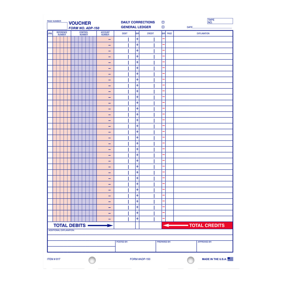 General Journal Voucher Form No. ADP-150 accounting form with blue grid, Daily Corrections and General Ledger boxes