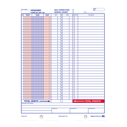 General Journal Voucher Form No. ADP-150 accounting form with blue grid, Daily Corrections and General Ledger boxes
