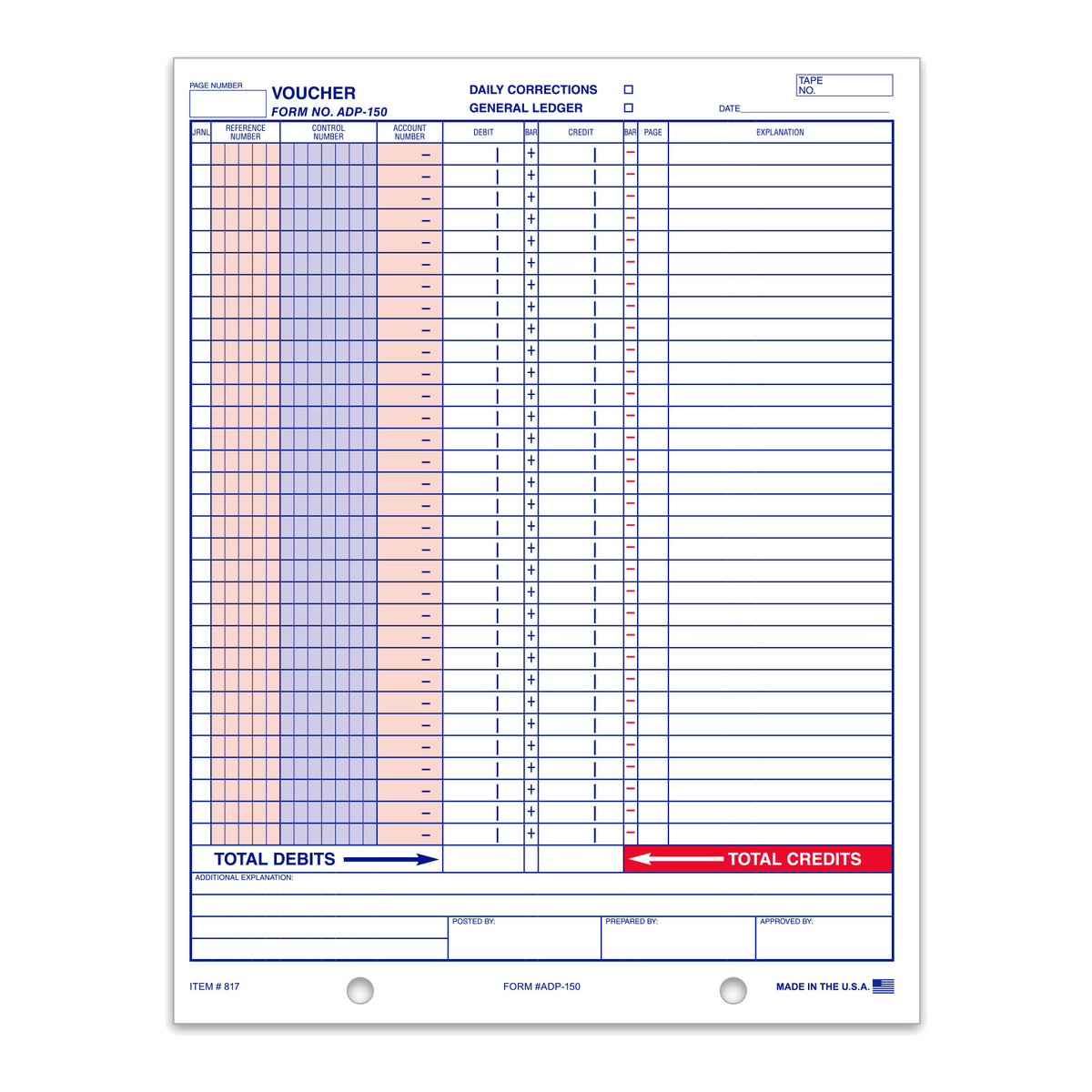 General Journal Voucher Form No. ADP-150 accounting form with blue grid, Daily Corrections and General Ledger boxes, on white