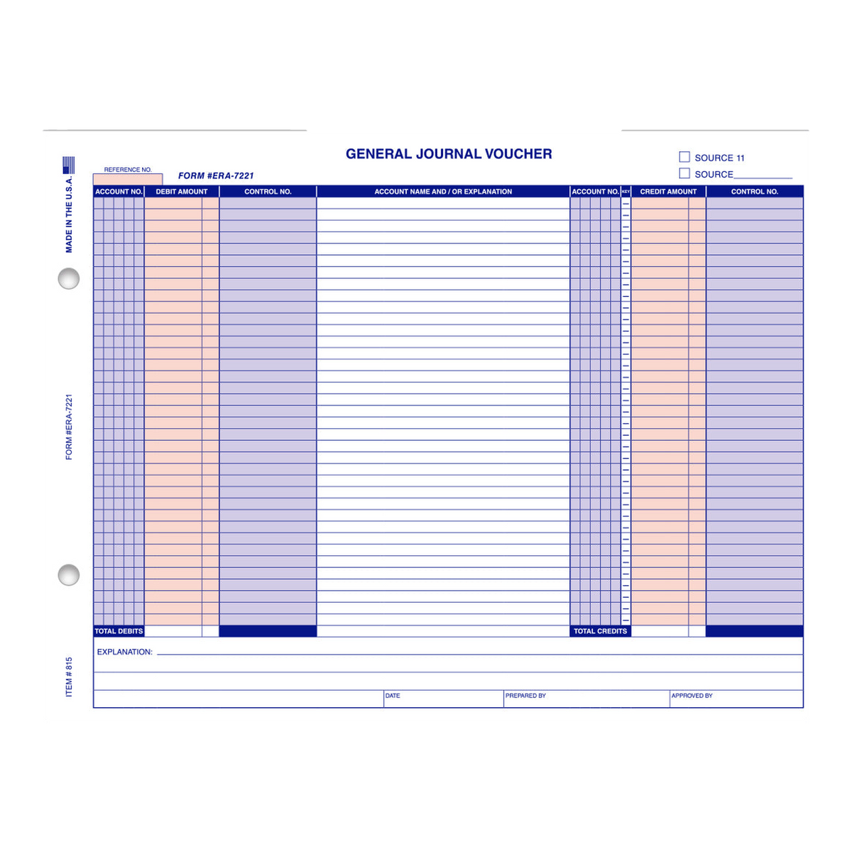 Computer-compatible General Journal Voucher form with red and blue columns