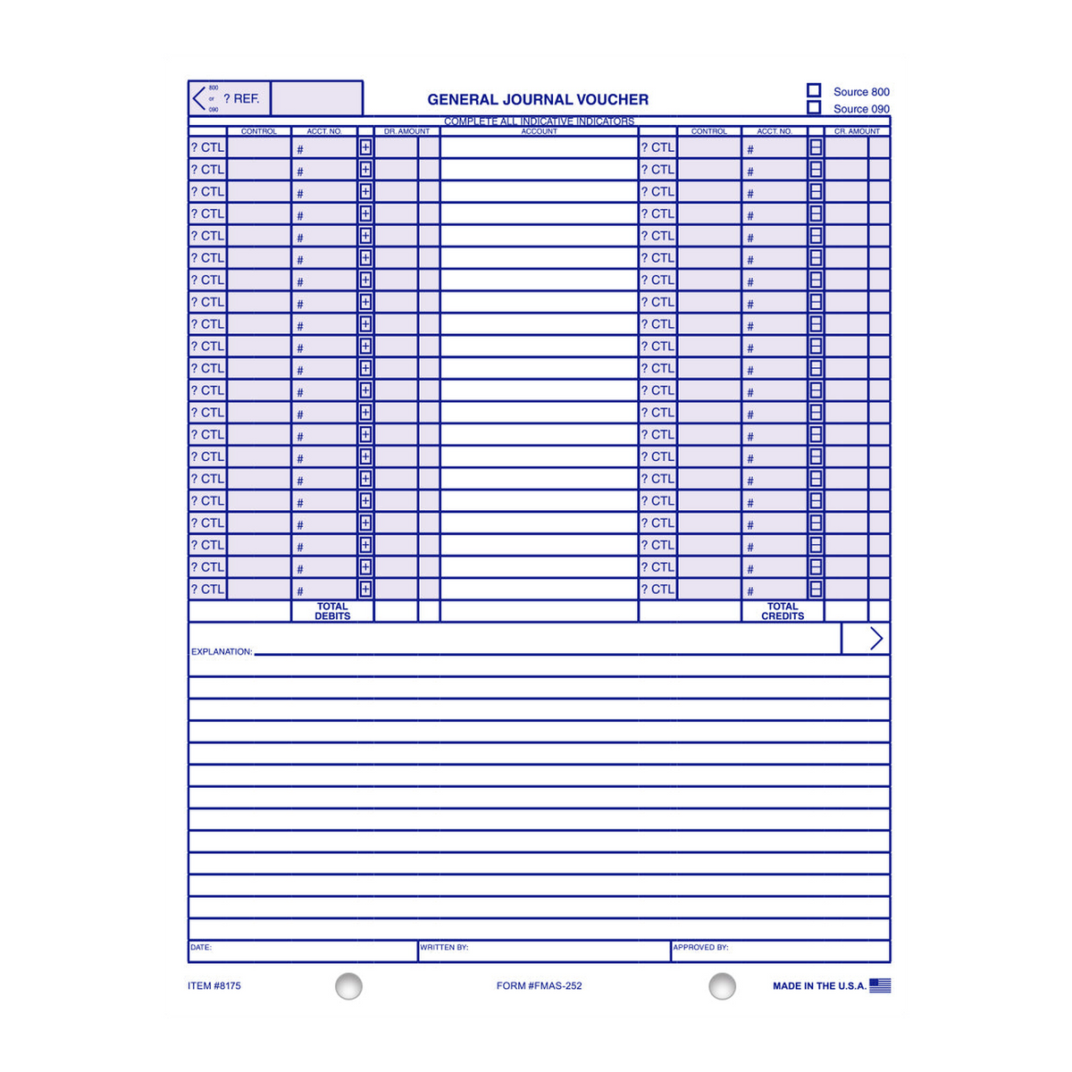 General Journal Voucher form with blue account columns
