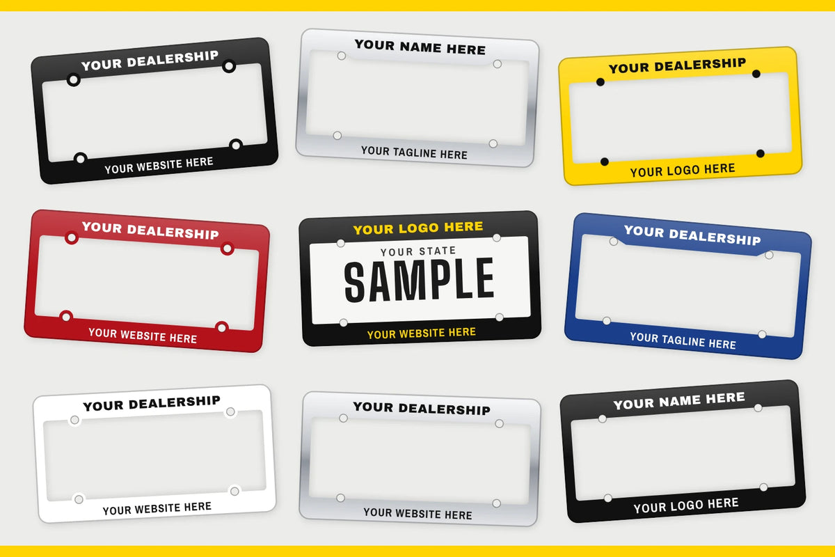 Custom license plate frames in nine colors with sample dealer imprints