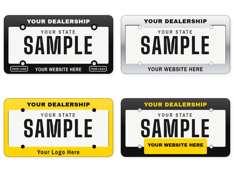 Four license plate frame styles with a sample dealer name