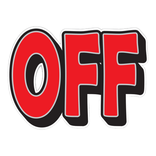 Red OFF magnetic slogan with black outline