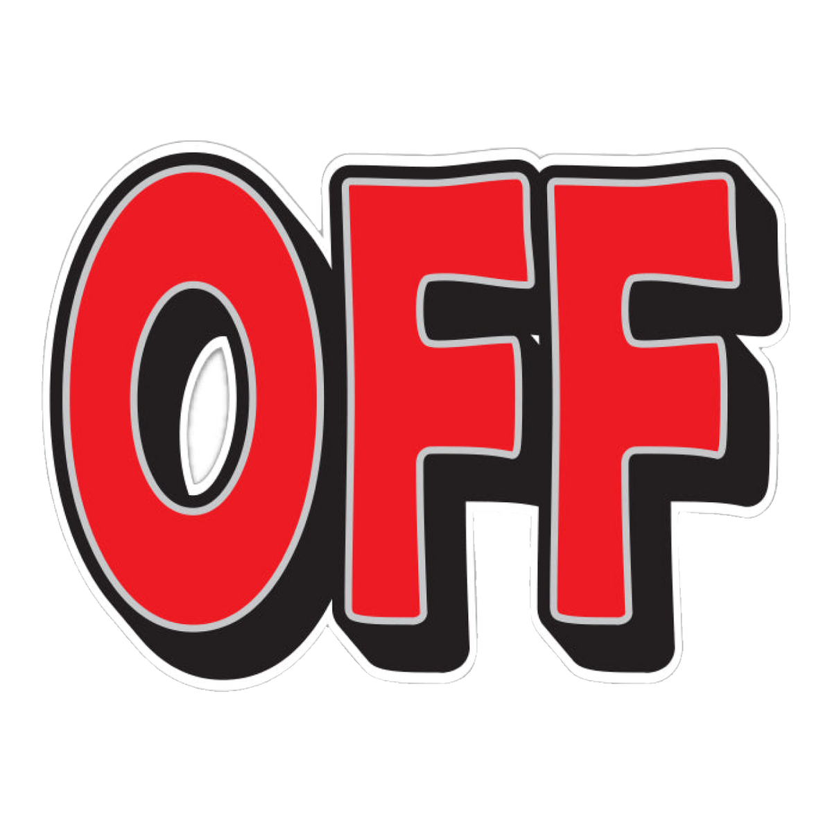 Red OFF magnetic slogan with black outline