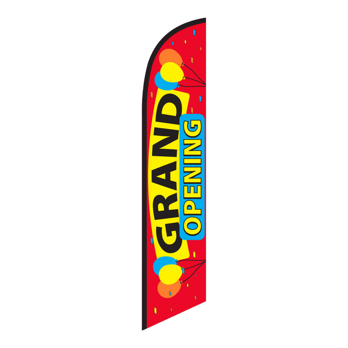 Red Grand Opening swooper feather flag with yellow and blue lettering