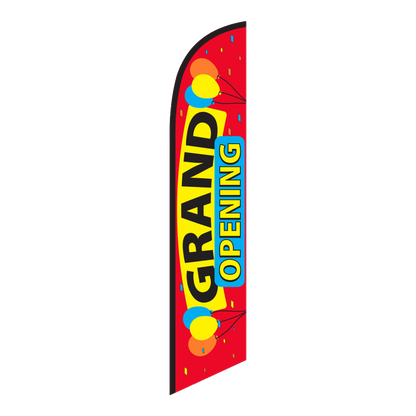 Red Grand Opening swooper feather flag with yellow and blue lettering