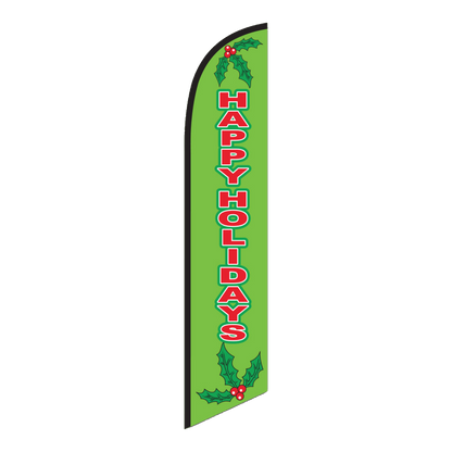 Green Happy Holidays swooper feather flag with red lettering and holly